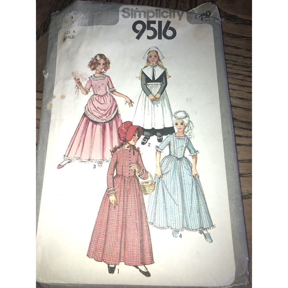 Simplicity 9516 Uncut Pattern Size 6 Girls Puritan, Centennial 18th Dress, 21 Pc